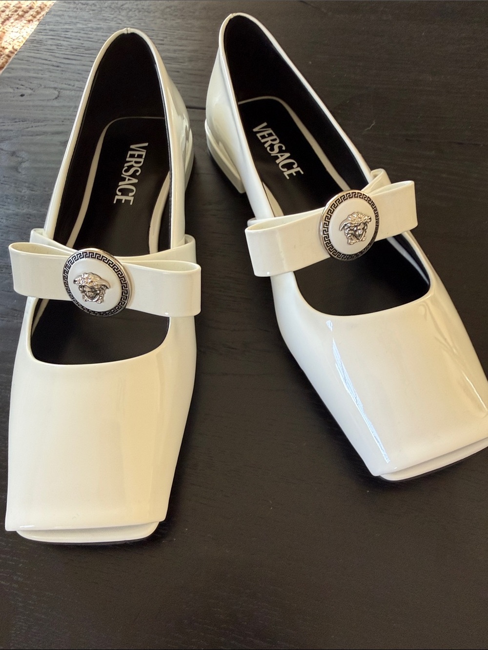 Versace Cream Patent Mary Jane Flats with Medusa Button